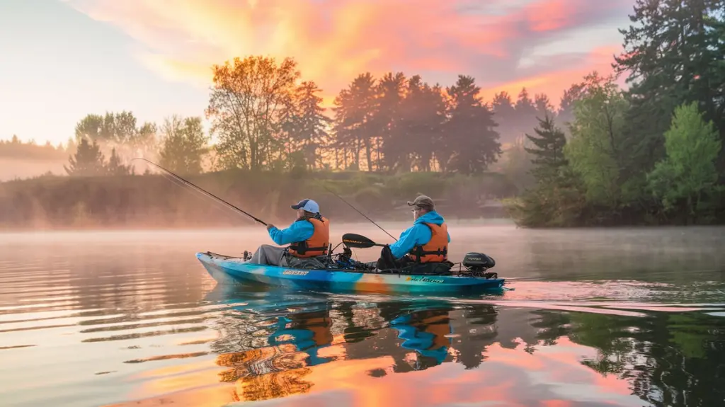 Two anglers fishing in a tandem kayak on a calm lake at sunrise, enjoying the best fishing 2 person kayaks.