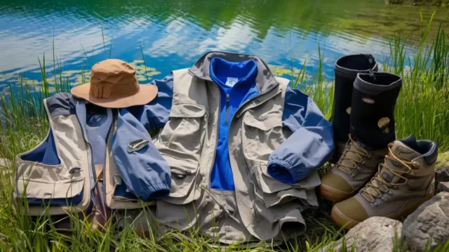 A selection of top-rated fishing clothes displayed by a lakeside, showcasing jackets, vests, hats, and boots for fishing enthusiasts.