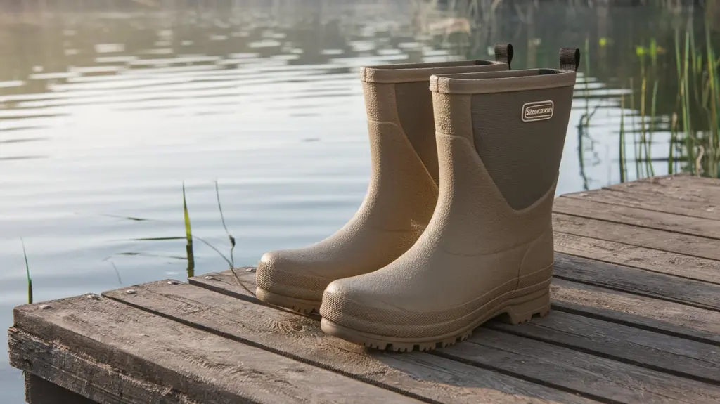 A pair of durable fishing rubber boots on a wooden dock by a lake, perfect for anglers.