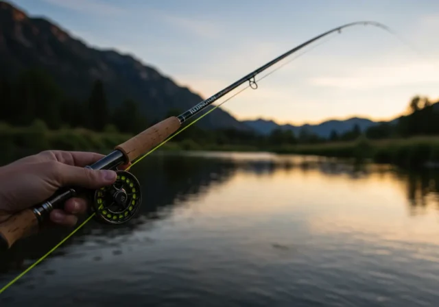 An angler casting with a Redington fly rod over a calm river, surrounded by scenic mountain views at sunrise.