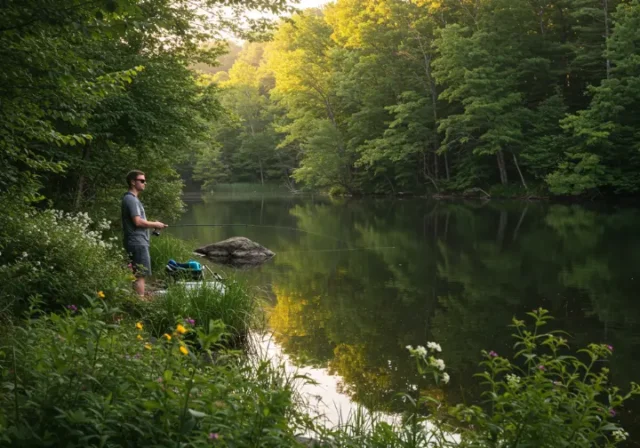 A scenic Connecticut lake with an angler holding a fishing rod, highlighting the concept of fishing in Connecticut.