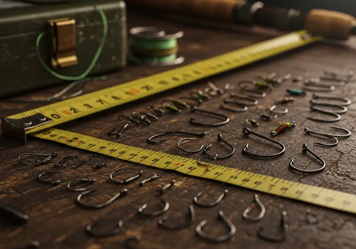 llustration of fishing hooks of various sizes displayed on a wooden surface with a measuring tape and fishing gear.