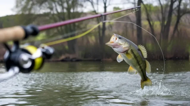 A bass jumping out of the water with a visible fishing line, showcasing the connection between angler and fish.