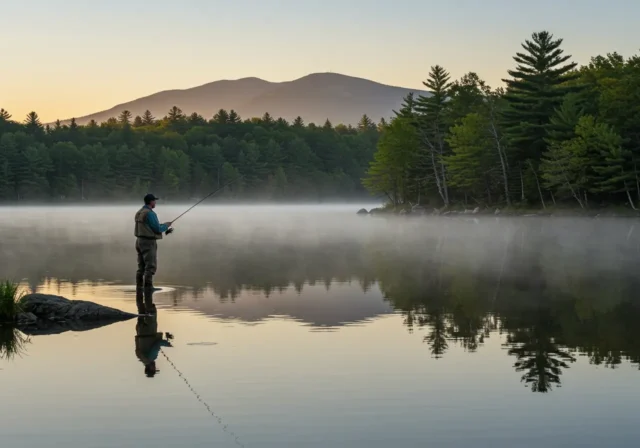 A fisherman casting a line on a New Hampshire lake at sunrise, with scenic views of forests and mountains.