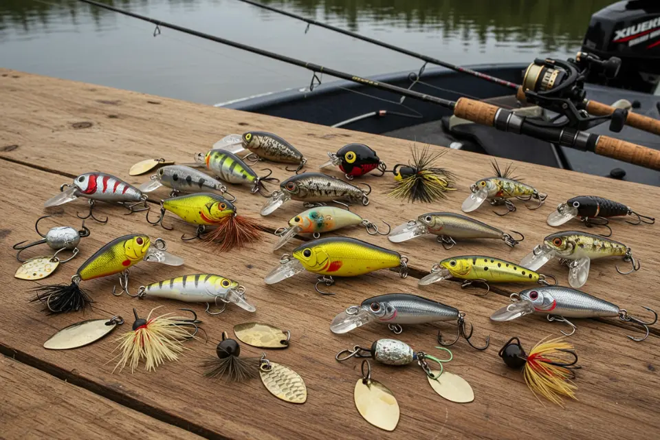 A variety of fishing lures displayed on a wooden surface, showcasing different types like crankbaits, jigs, and spinners.