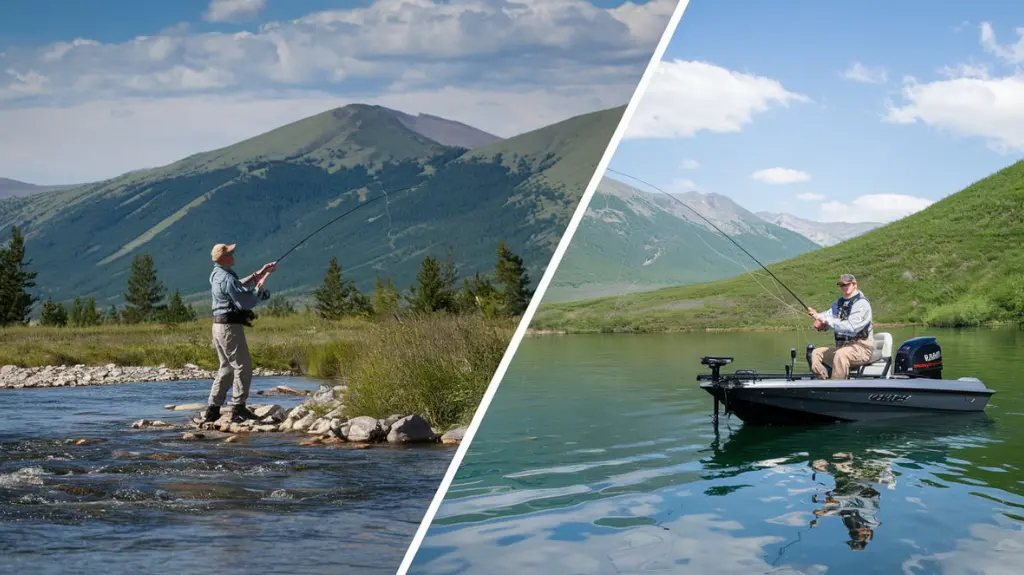 Split-screen image comparing fly fishing on a river and regular fishing on a lake.