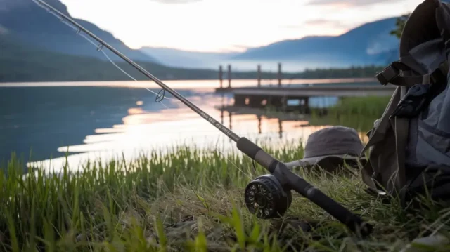 Ugly Stik GX2 fishing rod by the lake at sunrise, showcasing its design and appeal.