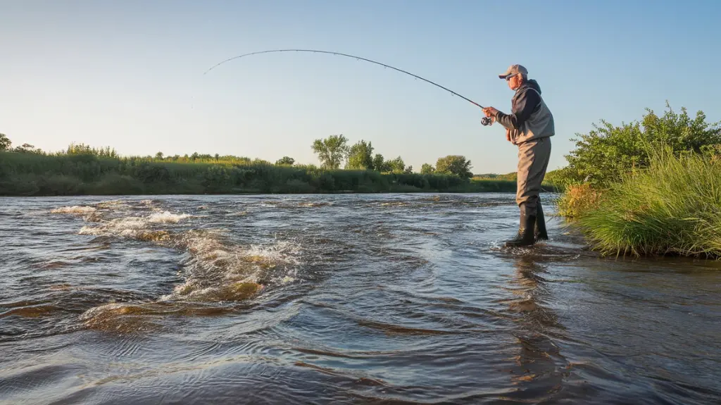 An experienced angler fishing in a river's eddy, capturing the essence of mastering eddy fishing techniques.