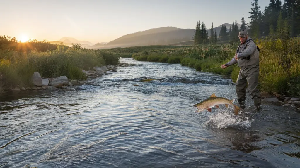 Fisherman casting a line in a mountain stream at sunrise with a leaping trout in the water.