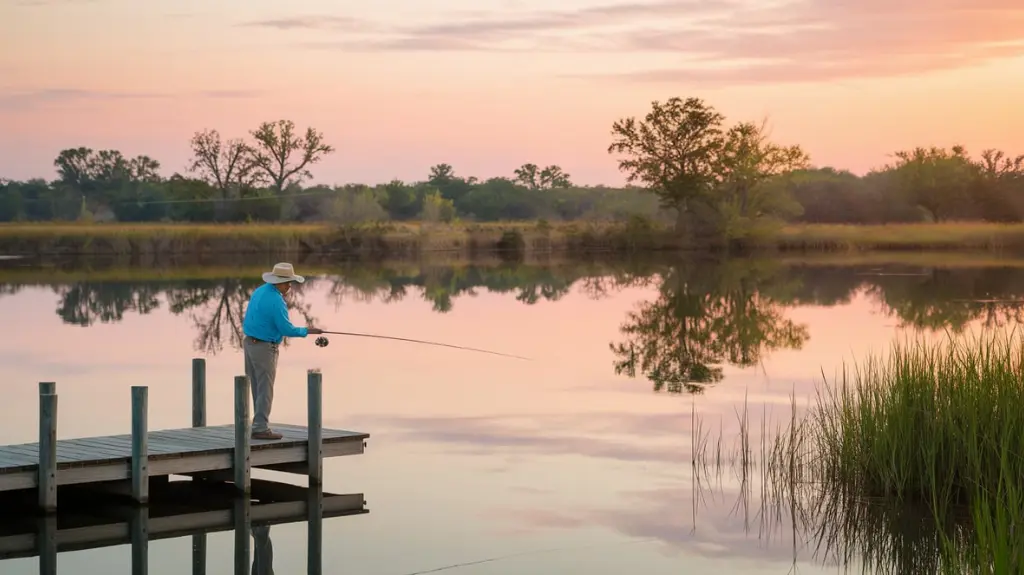 A fisherman casting a line into a Texan lake at sunrise, highlighting the natural beauty of Texas fishing.