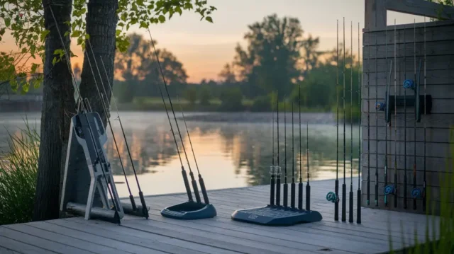 Modern fishing pole holders by a lakeside at sunrise showcasing bank sticks, rod pods, and wall-mounted racks for 2025.