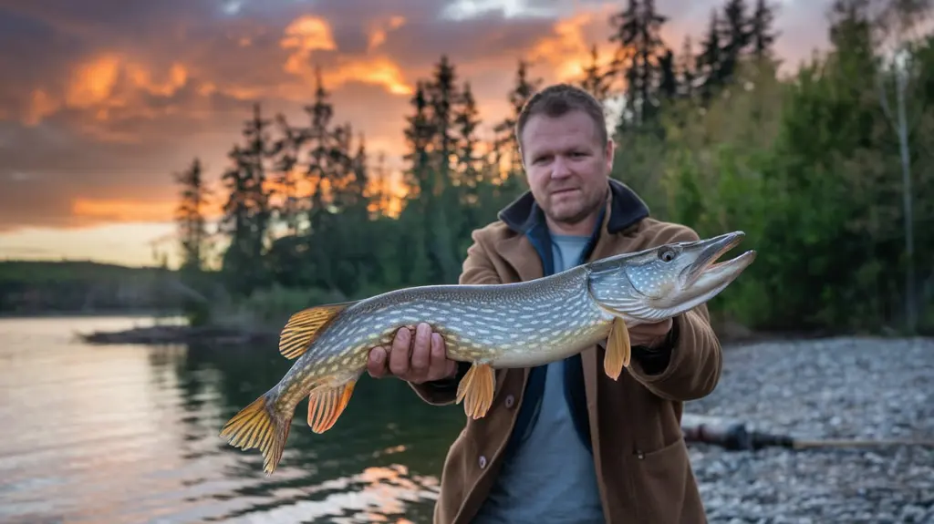 Fisherman holding a pike by a lakeside at sunrise, showcasing prime fishing locations.