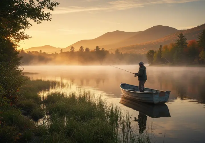 Panoramic view of a Vermont lake with an angler fishing from a boat at sunrise, highlighting Vermont's fishing opportunities.