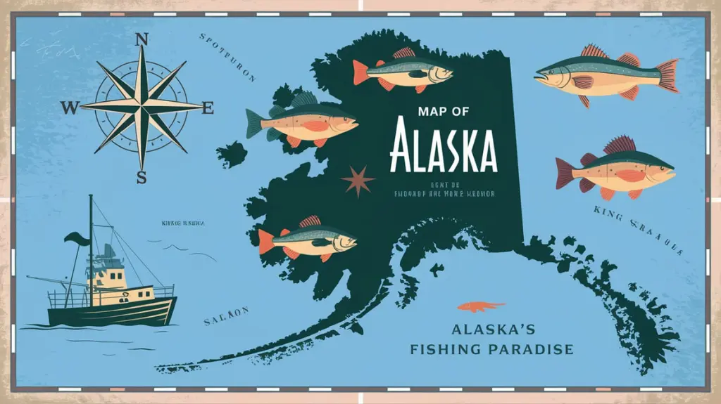 A vintage-style map of Alaska showing popular fishing spots and fish species.