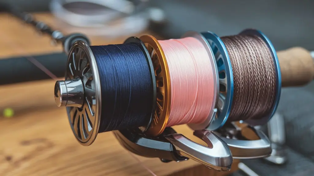 Close-up of a fishing reel with monofilament, fluorocarbon, and braided lines for bass fishing.  