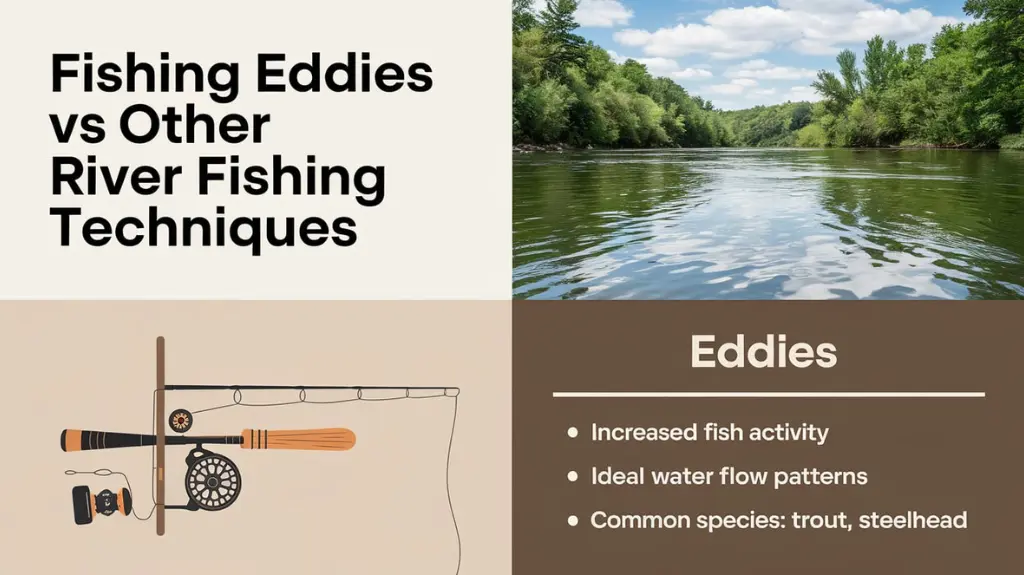 Infographic showing the advantages of fishing eddies, highlighting increased fish activity and ideal water patterns.