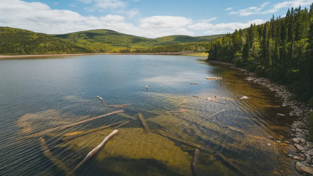 Aerial view of a scenic lake with clear water and visible trout habitats surrounded by forested hills.