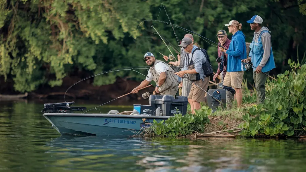 Group of anglers preparing for a catfishing trip by a lush riverbank, ready for adventure.