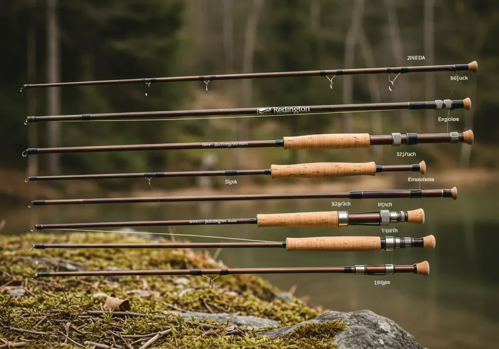 A lineup of Redington fly rods in different sizes and models displayed outdoors, showing features like weight and length. 