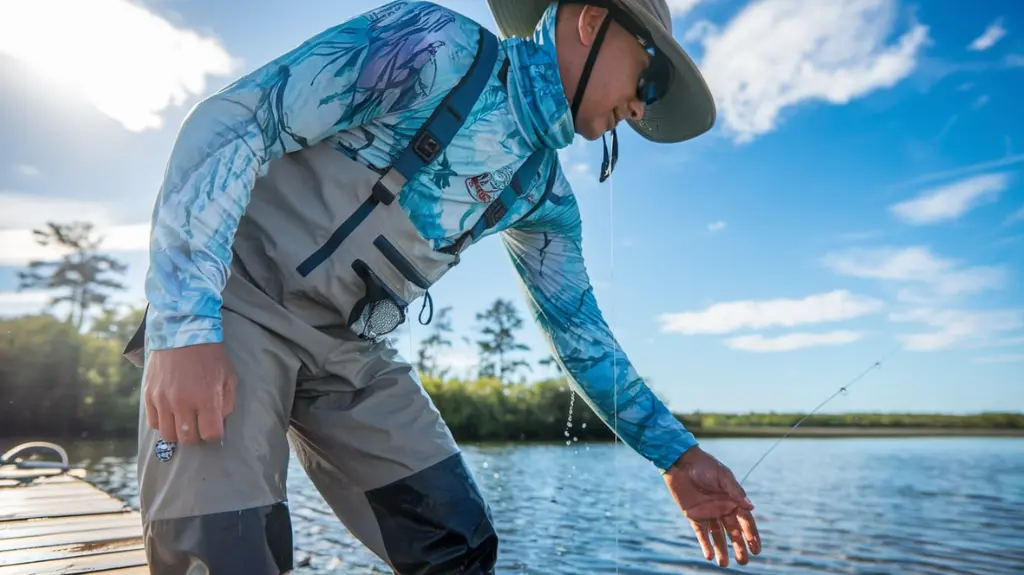 A fisherman in sun-protective fishing clothing casting a line, highlighting the importance of functional and comfortable fishing attire.