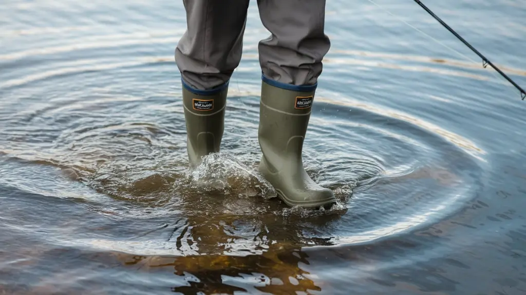 Angler wading in shallow water wearing protective rubber fishing boots with a fishing rod.  