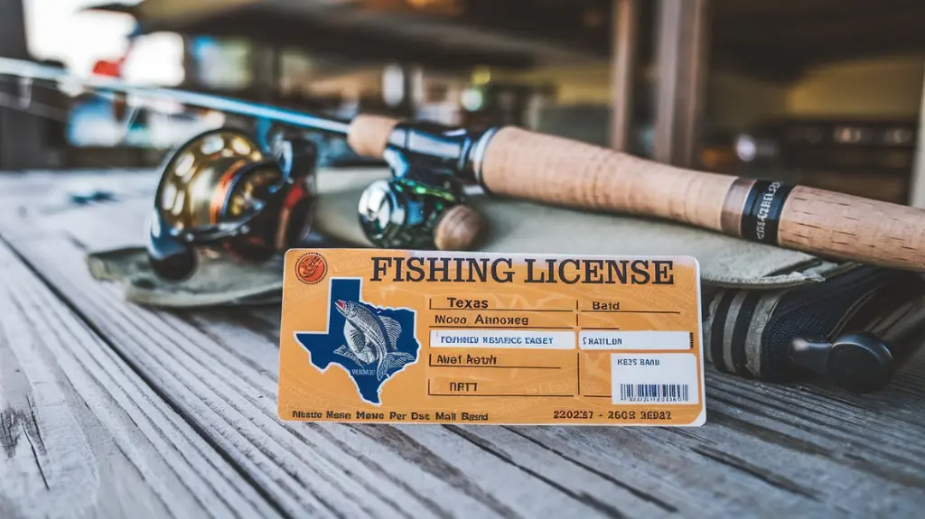 Close-up of a Texas fishing license next to fishing gear, emphasizing the necessity of a license.