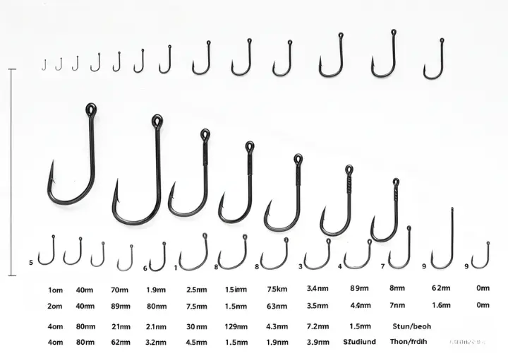 Comparison chart showing fishing hooks of various sizes, from large to small. 