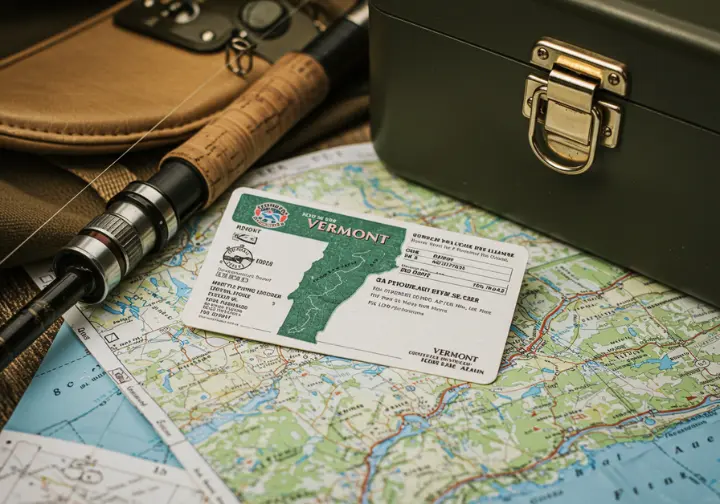 Close-up of a Vermont fishing license card on fishing gear and a Vermont map.  