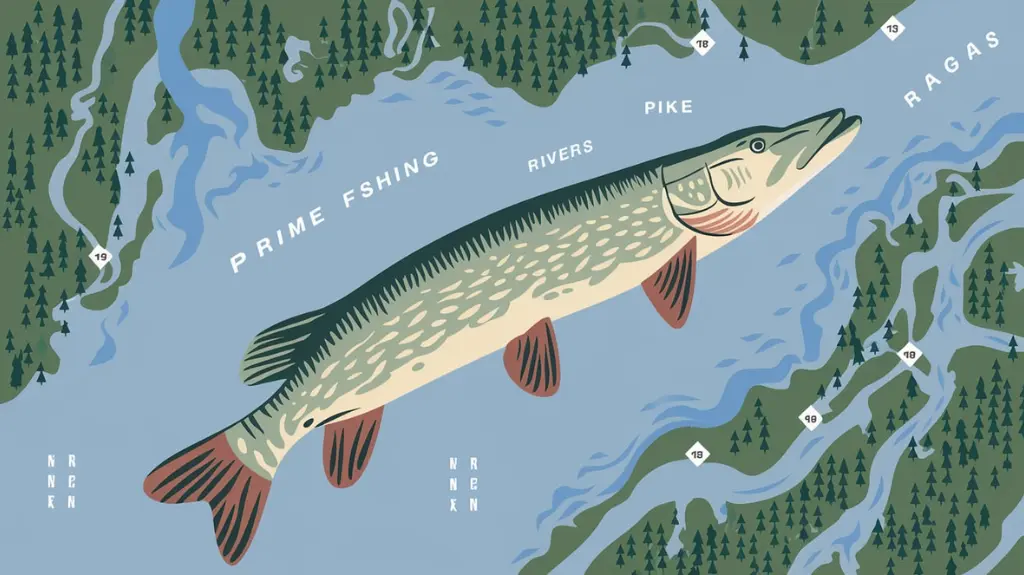 Map-style illustration highlighting prime lakes and rivers for pike fishing.