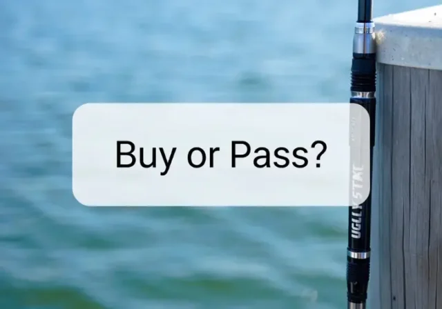 Ugly Stik GX2 fishing rod leaning on a dock piling with 'Buy or Pass?' text overlay, representing a review conclusion.