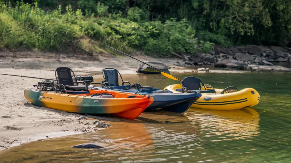 it-on-top, sit-in, and inflatable fishing 2-person kayaks displayed on a riverbank.  