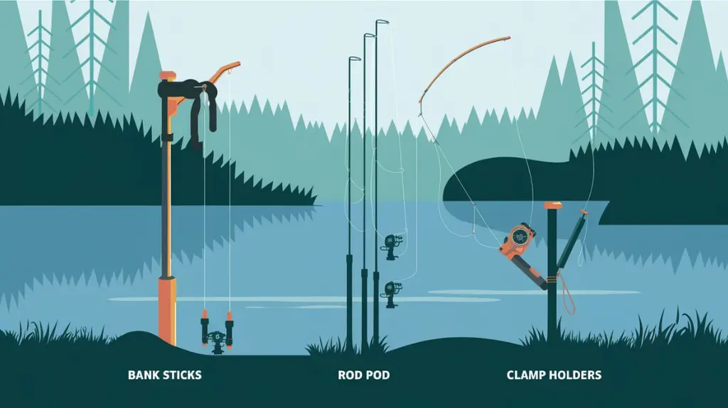 Infographic detailing types of fishing pole holders: bank sticks, rod pods, and clamp holders with usage tips.