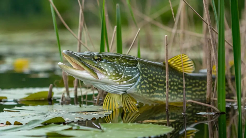 Pike emerging from underwater vegetation in its natural habitat.  