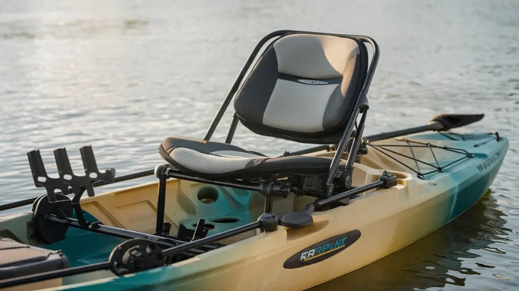 Close-up of a 2-person fishing kayak showing adjustable seats, rod holders, and storage compartments.  