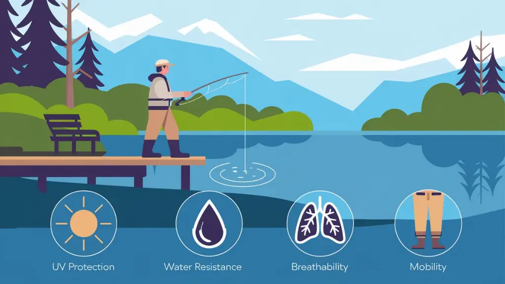 An infographic detailing essential features of fishing clothes, including UV protection, water resistance, breathability, and mobility.