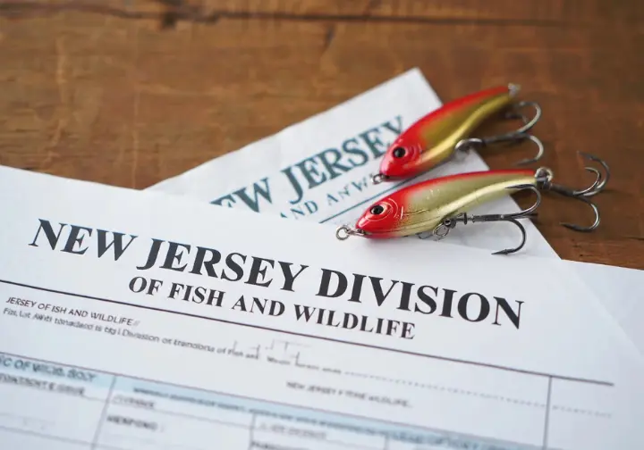 Close-up of a New Jersey freshwater fishing license document alongside the required Trout Stamp, illustrating license basics.
