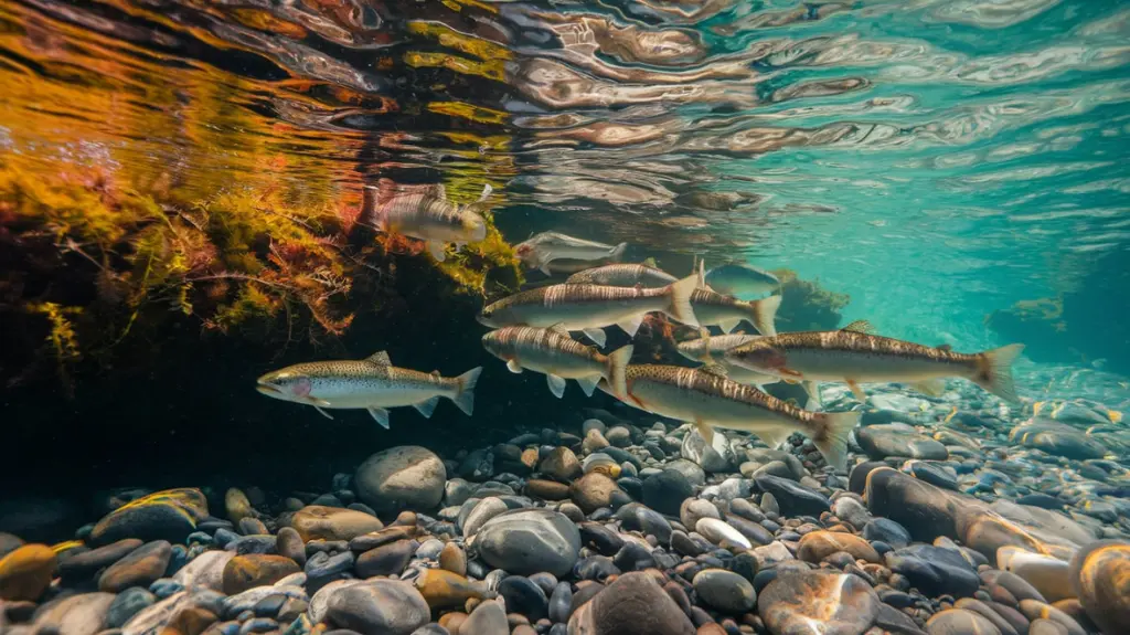 Underwater view of trout swimming near a rocky riverbed surrounded by aquatic plants. 