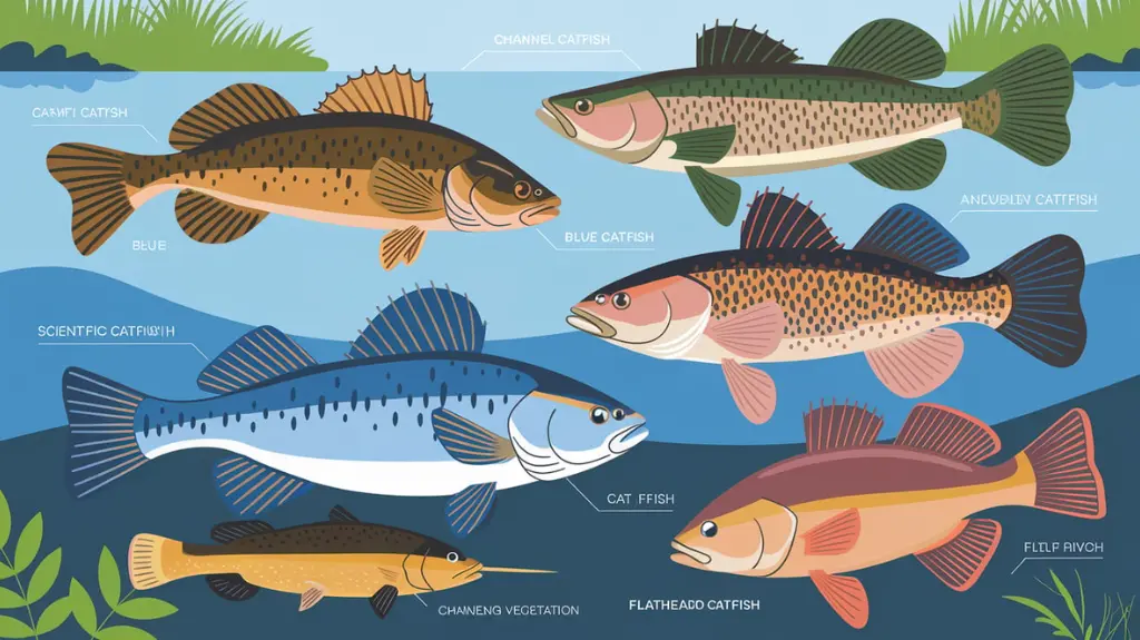 Infographic showing different types of catfish including channel, blue, and flathead catfish.