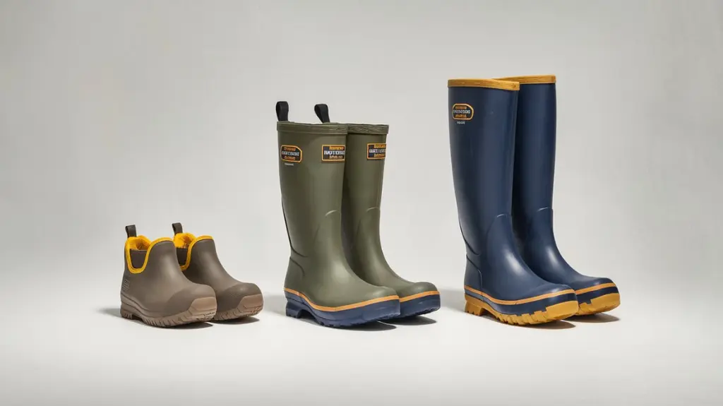 Three styles of fishing rubber boots: ankle-length, mid-calf, and knee-high, displayed for comparison.  