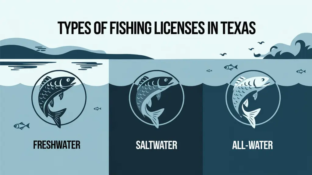 Infographic showing different types of Texas fishing licenses, including freshwater and saltwater options.