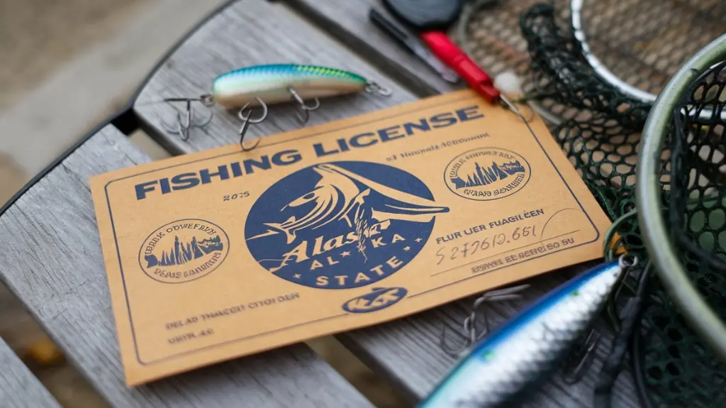 Close-up of an Alaska fishing license document with fishing gear, illustrating the license details.