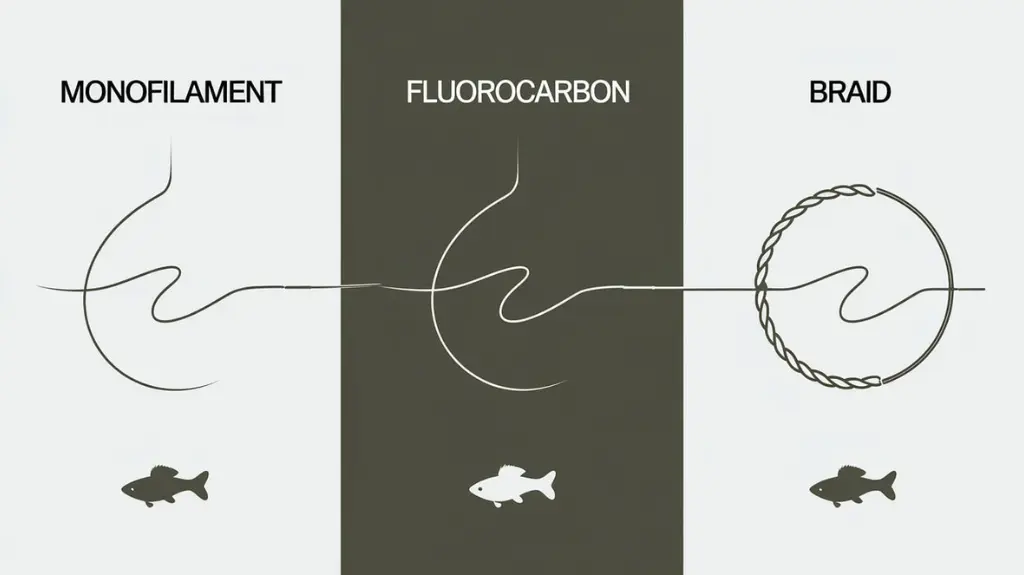 A split-screen illustration showcasing the unique features of monofilament (flexible and clear), fluorocarbon (sinking and nearly invisible), and braid (strong and visible). Each section includes a small bass fish icon to suggest compatibility.  