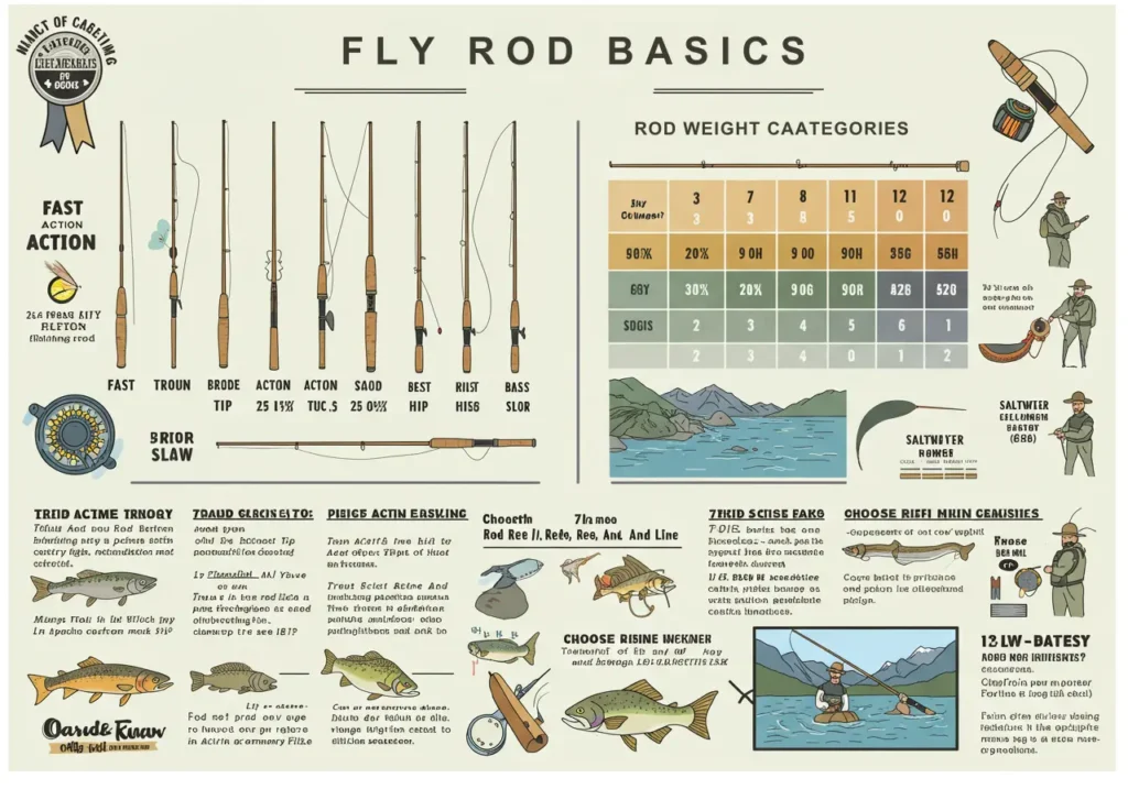 Infographic explaining fly rod action types, weights, and their ideal fishing scenarios. 