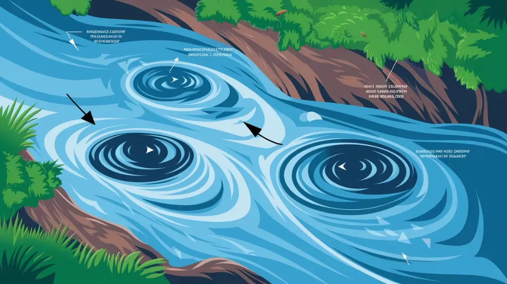 Diagram explaining the formation and identification of river eddies with annotated water flow patterns.