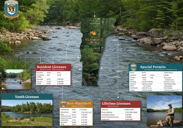 Infographic displaying Vermont fishing license types and costs, including resident and non-resident options. 