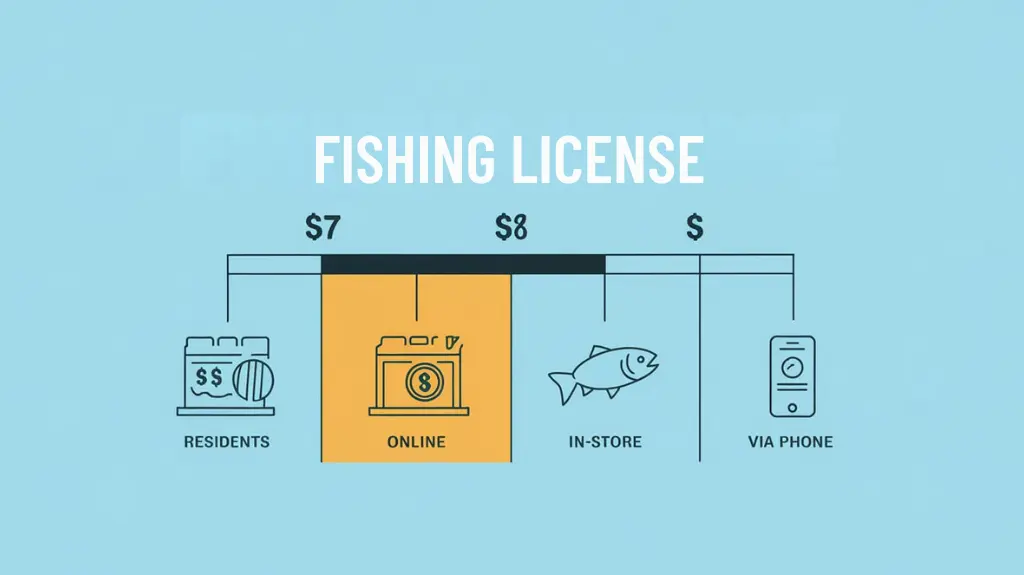 Infographic comparing Alaska fishing license costs for residents and non-residents with purchase options.