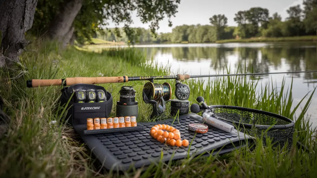 Essential carp fishing gear, including rods, reels, baitrunner, and boilies, on a riverbank.
