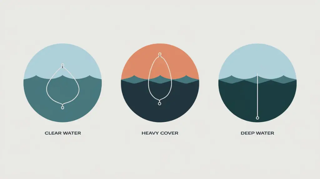 Infographic showing the best fishing lines for bass based on water clarity, cover, and depth.  