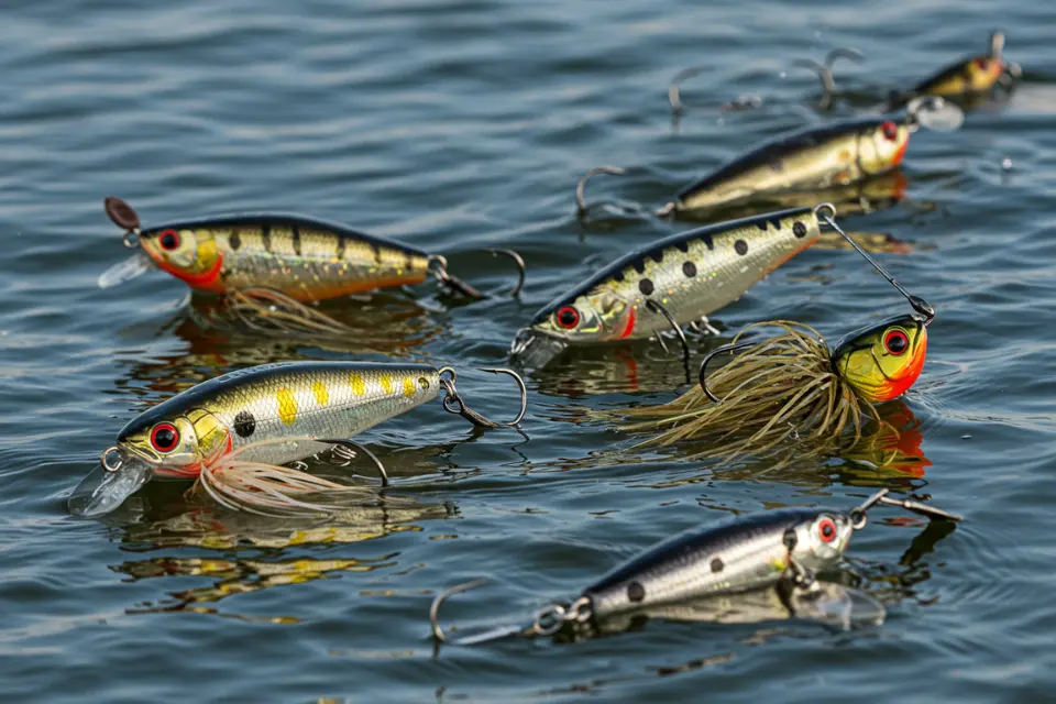 Various fishing lures in action on water, including poppers, spinnerbaits, and buzzbaits. 