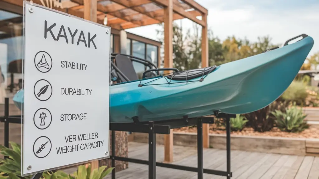 Checklist of important features for choosing fishing 2-person kayaks, with a kayak in the background.